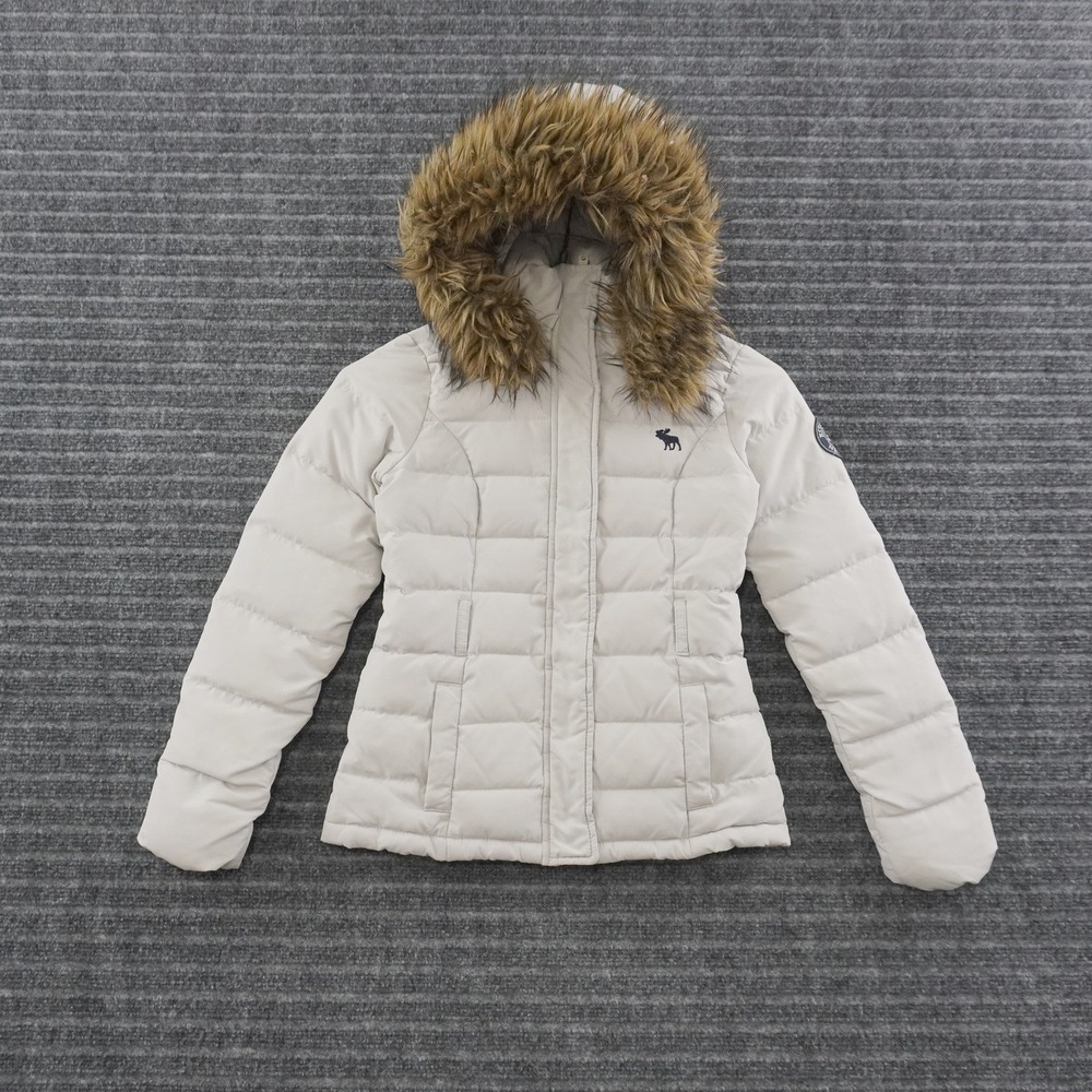 Y2K Abercrombie Kids Puffer Jacket Kids Size S Cream Faux Fur Hooded Coat